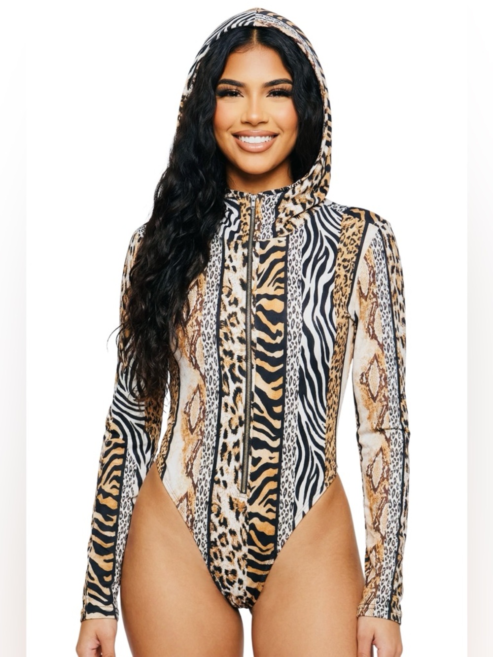 AKIRA Hooded Animal Print Long-Sleeve Bodysuit